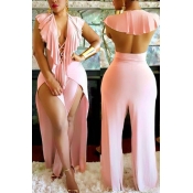 Sexy Deep V Neck Backless Pink Polyester One-piece