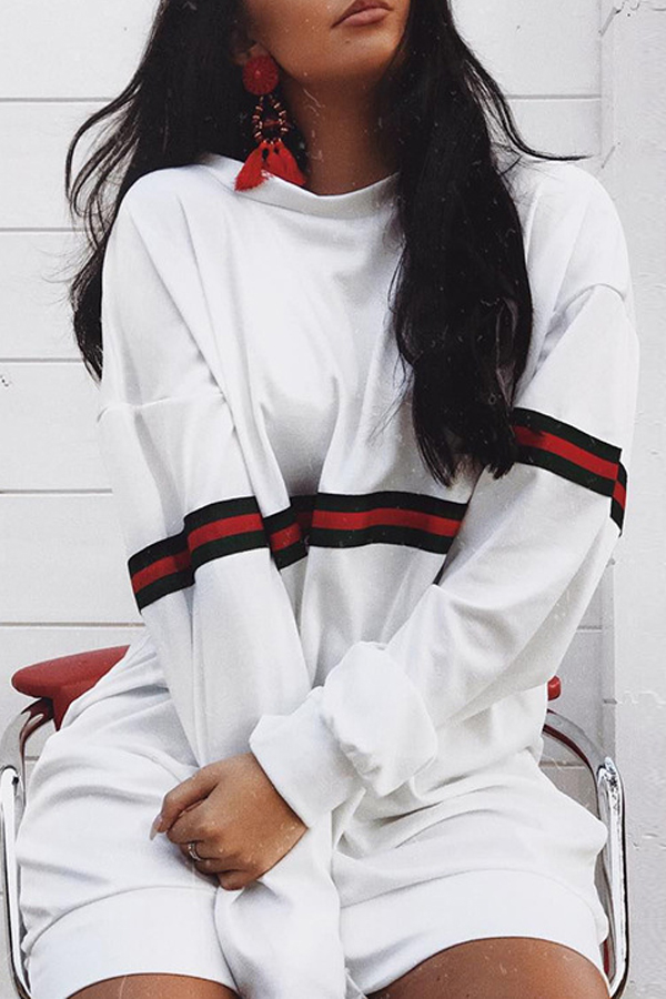 Casual Round Neck Striped Patchwork White Milk Fiber Cotton Blend Mini Dress