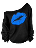 Lovely Leisure Dew Shoulder Lip Printing Blue Blending Sweatshirt Hoodie