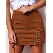 Stylish Mid Waist Lace-up Hollow-out Brown Polyest