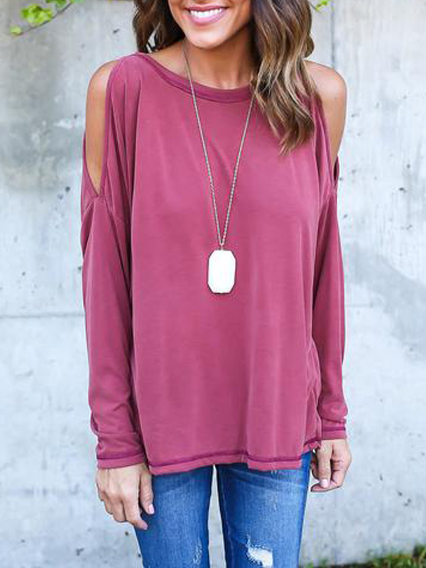 

Leisure Round Neck Long Sleeve Hollow-out Rose Red Cotton Blouses