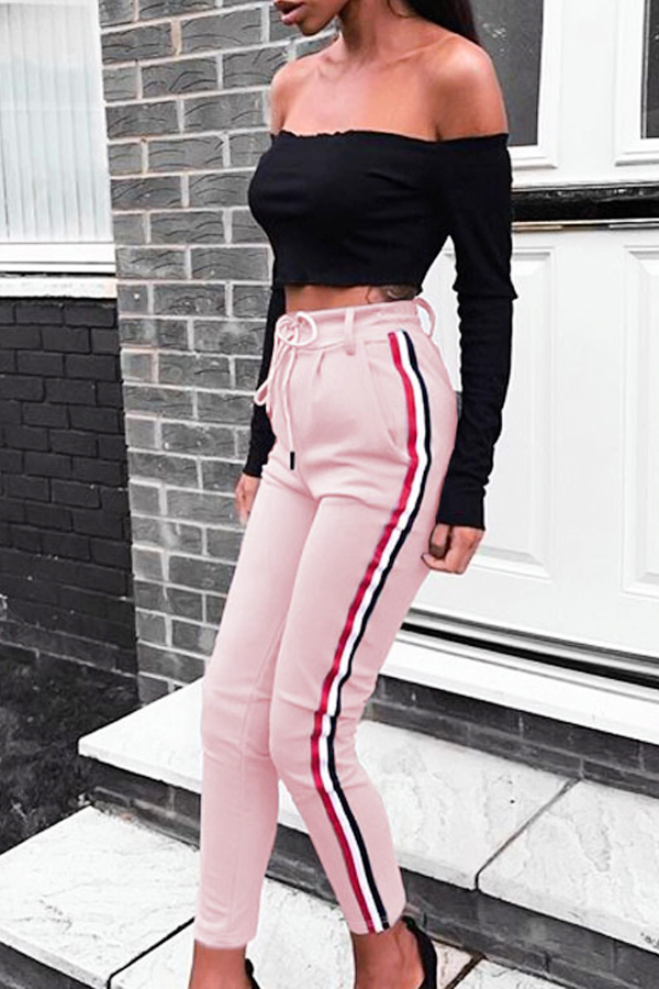 Polyester Solid Elastic Waist High Straight Pants Pants_Pants_Bottoms