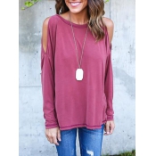 Leisure Round Neck Long Sleeve Hollow-out Rose Red