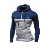 Leisure Long Sleeves Patchwork Blue Cotton Hoodie 