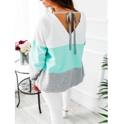 Leisure Round Neck Patchwork Blue Cotton Blends To