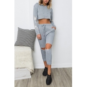 Leisure Hoode Collar Hollow-out Grey Cotton Blends