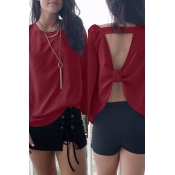 Sexy Round Neck Backless Wine Red Cotton Shirts
