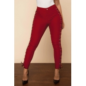 Trendy High Waist Lace-up Wine Red Polyester Pants