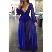 Sexy Deep V Neck See-Through Blue Polyester Floor 