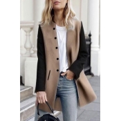 Stylish Turndown Collar Patchwork Khaki+Grey Polye