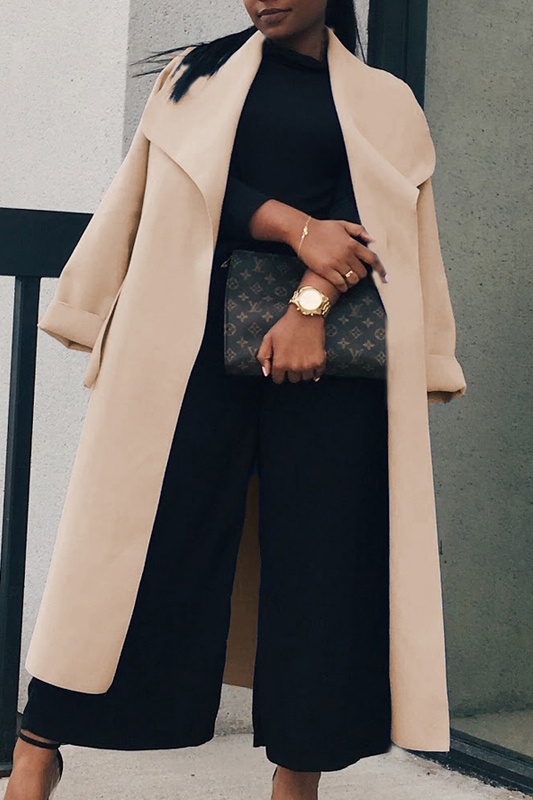 Trendy Turndown Collar Long Sleeves Light Tan Cotton Long Wool Coat