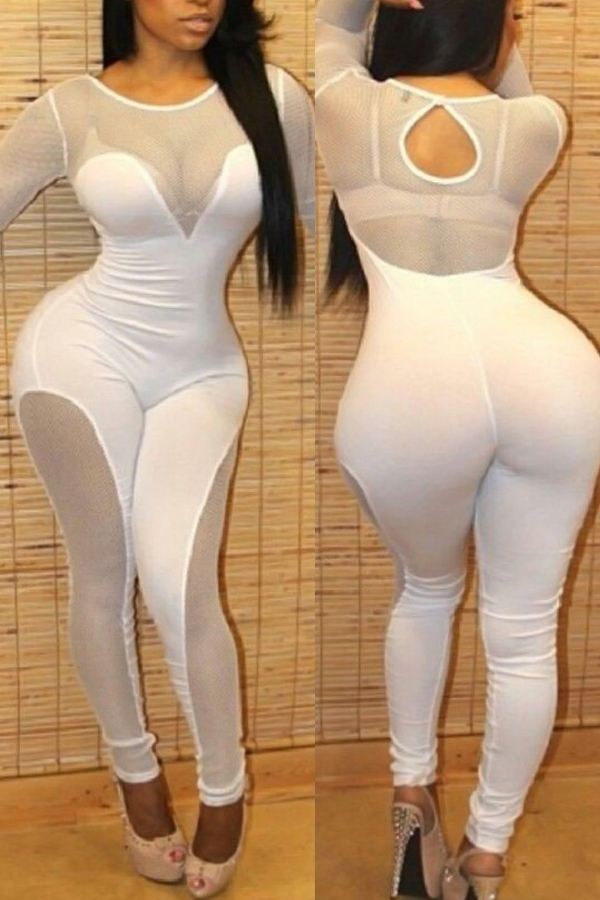 

Sexy Round Neck See-Through White Polyester One-piece Jumpsuits