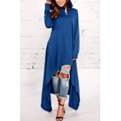 Leisure Round Neck Long Sleeves Blue Cotton Blends