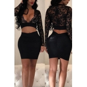 Sexy V Neck See-Through Black Bud Silk Two-piece S