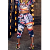 Leisure Printed Polyester Two-piece Pants Set