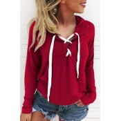 Leisure Long Sleeves Lace-up Red Polyester Hoodies
