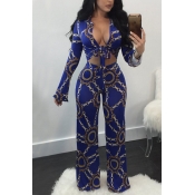 Sexy Printed Blue Cotton Blends Two-piece Pants Se