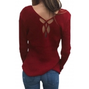 Sexy V Neck Hollow-out Red Knitting Pullovers