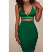 Sexy Backless Hollow-out Green Cotton Two-piece Sk