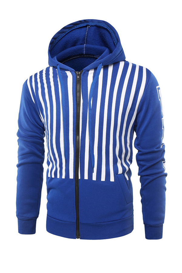 Fashionable Hooded Collar Striped Blue Cotton Blends Hoodie от Lovelywholesale WW