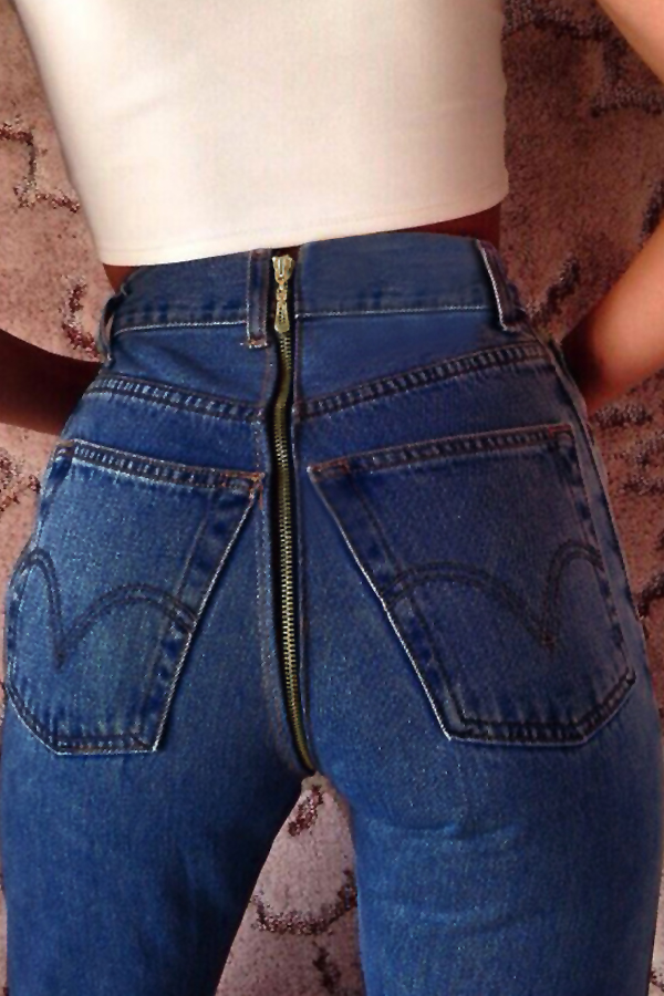 Euramerican High Waist Zipper Design Deep Blue Denim Jeans