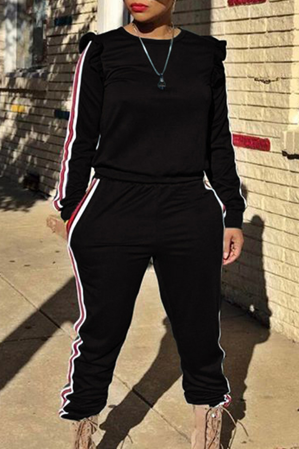 

Casual Round Neck Striped Black Blending Two-piece Pants Set