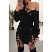 Sexy V Neck Lace-up Hollow-out Black Polyester Min