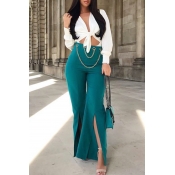 Casual High Waist Side Slit Green Polyester Pants