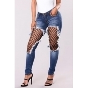 Trendy Mid Waist Broken Holes Blue Denim Jeans（Wit