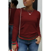 Casual Round Neck Striped Wine Red Blending T-shir