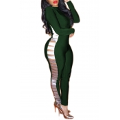 Sexy Round Neck Hollow-out Green Polyester Skinny 