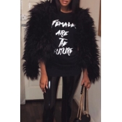 Fashionable Round Neck Long Sleeves Black Faux Fur
