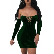 Sexy Strapless Lace-up Hollow-out Green Velvet Min