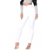 Casual High Waist Zipper Design White Denim Jeans