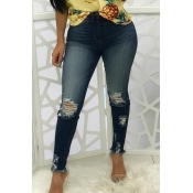Trendy High Waist Broken Holes Deep Blue Denim Pan