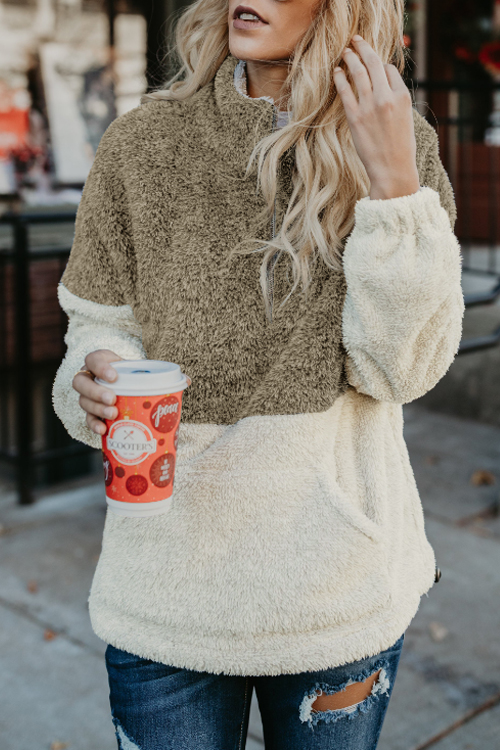 

Lovely Leisure Mandarin Collar Long Sleeves Patchwork Dark Coffee Velvet Hoodies