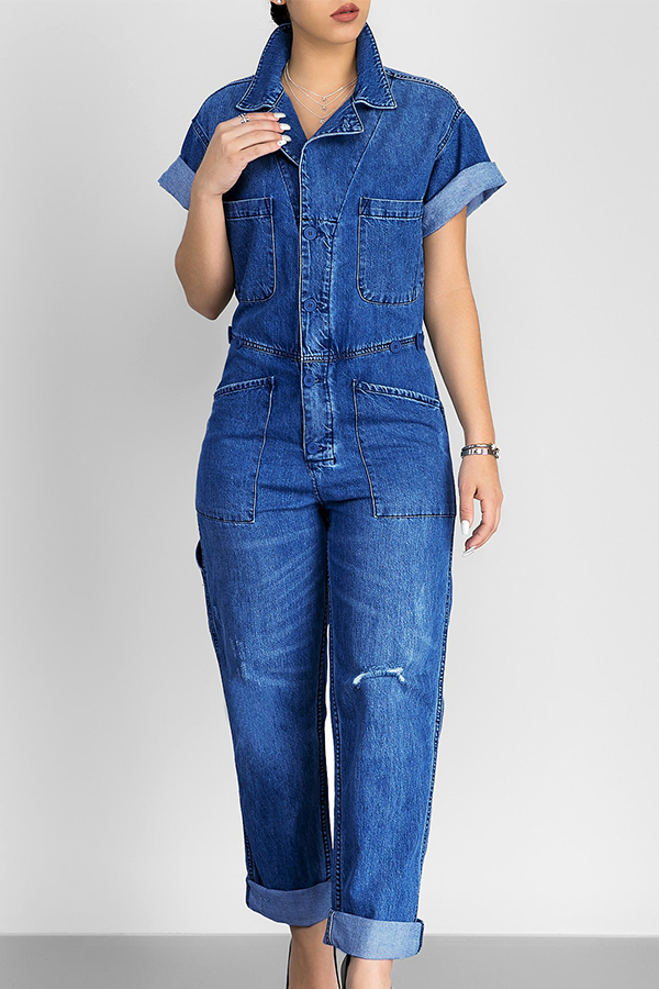 Casual Turndown Collar Short Sleeves Blue Denim One-piece Jumpsuits