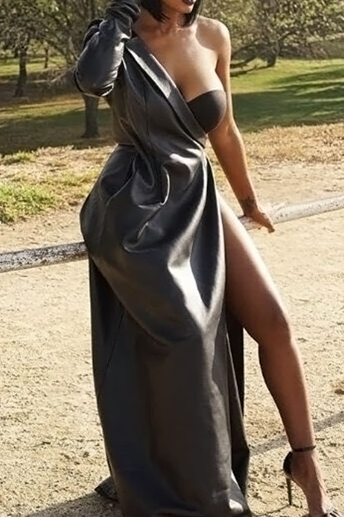 Sexy Show A Shoulder Asymmetrical Design Black PU Ankle Length Dress от Lovelywholesale WW