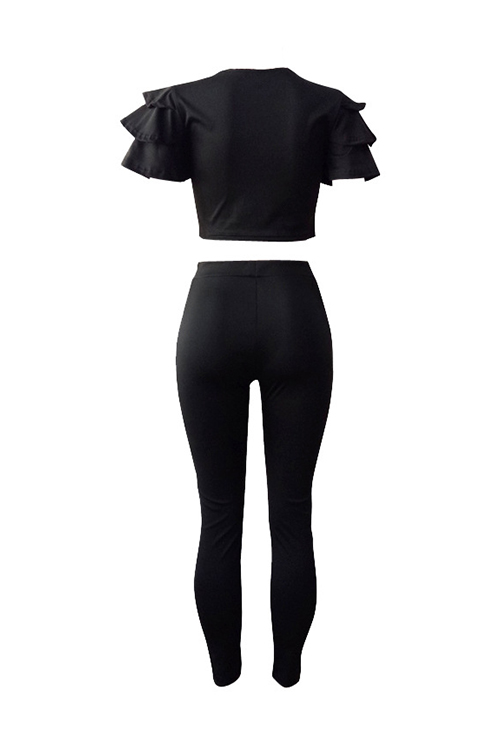 Casual Round Neck Layered Lotus Leaf Sleeves Black Twilled Satin Two-Piece Pants Set(Without Accessories) от Lovelywholesale WW