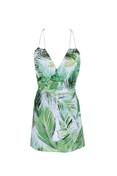 Sexy Lace-up Backless Leaf Printed Green Polyester One-piece Short Jumpsuits от Lovelywholesale WW