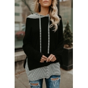 Lovely Trendy Hooded Collar Striped Patchwork Blac