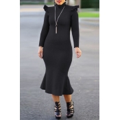 Fashionable Turtleneck Lotus Leaf Hem Black Blendi