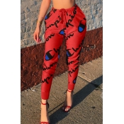 Casual Mid Elastic Waist Letters Printed Red Polye