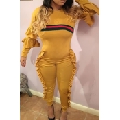 Leisure Round Neck Ruffles Patchwork Yellow Polyes