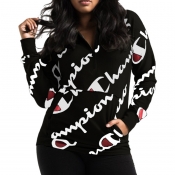 Leisure Hooded Collar Letters Printed Black Polyes