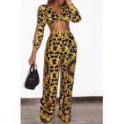 Stylish V Neck Printed Hollow-out Yellow Qmilch Tw