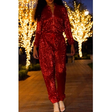 Fashion Mandarin Collar Sequins Decoration Red Polyester One-piece Jumpsuits
