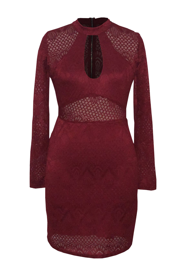 Lovely Sexy Round Neck See-Through Hollow-out Wine Red Lace Sheath Mini Dress от Lovelywholesale WW