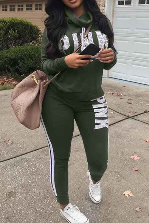 Lovely Casual Heaps Collar Striped Letters Printed Army Green Qmilch Two-Piece Pants Set