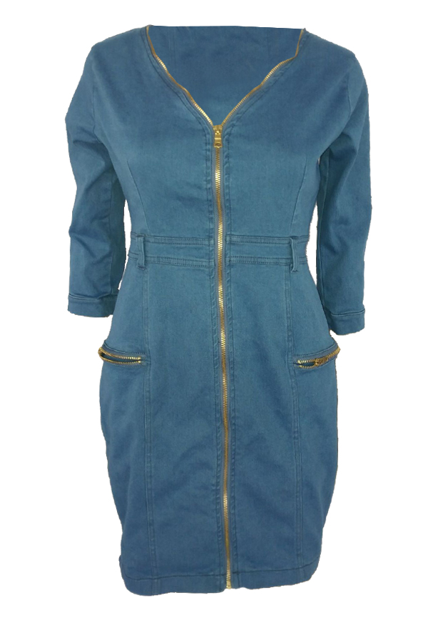 Sexy V Neck Three Quarter Sleeves Zipper Design Blue Denim Mini Dress от Lovelywholesale WW
